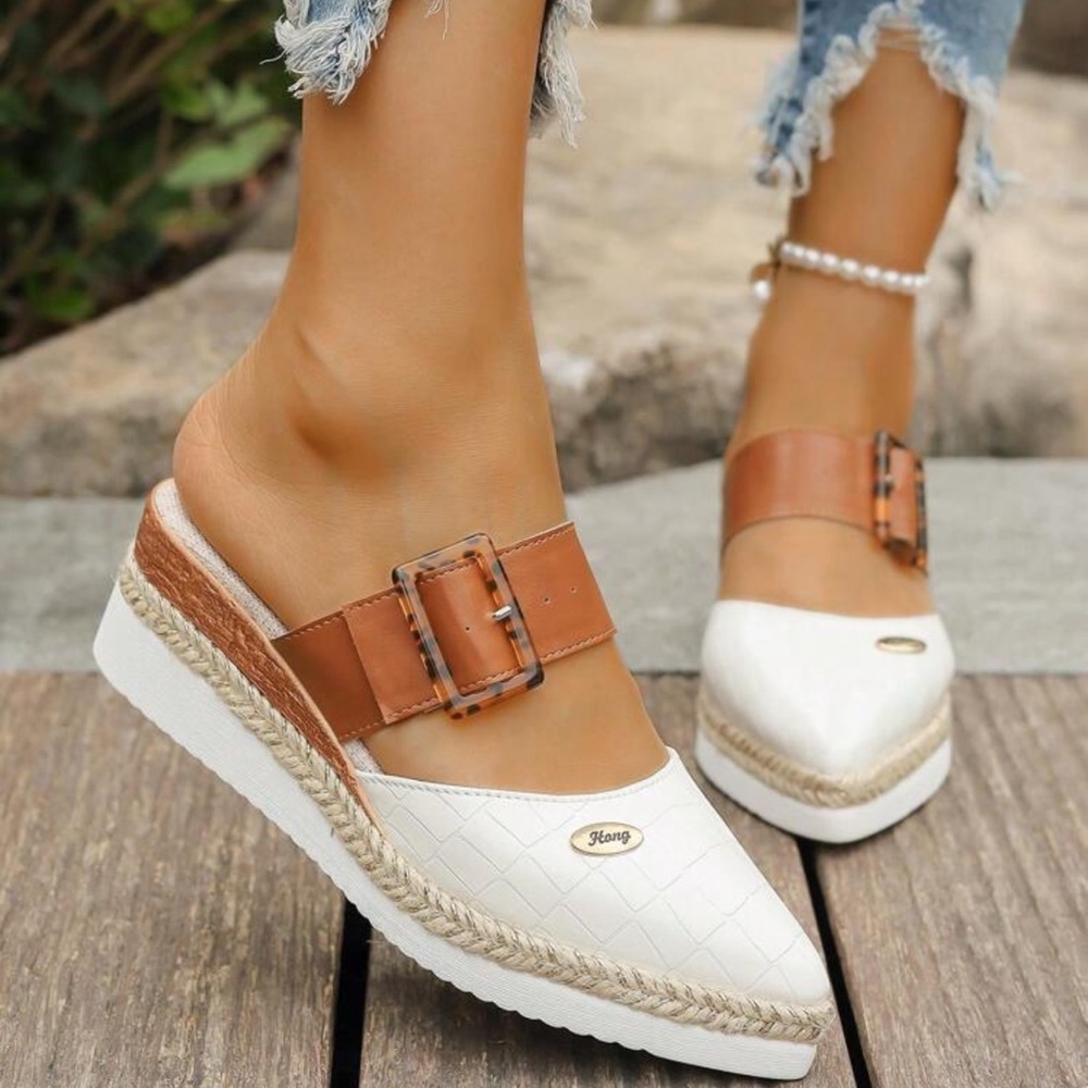 Rebellious Rose White and Tan Wedge Mules with Buckle